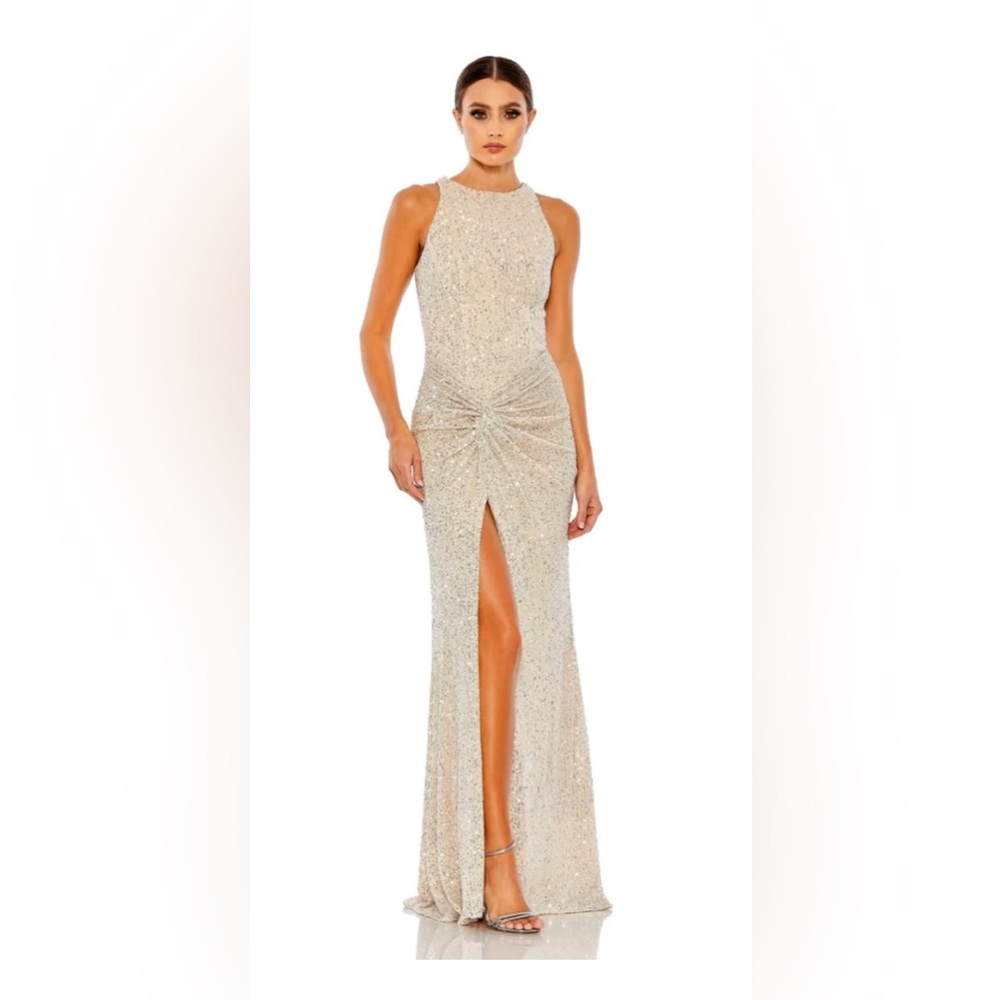 Ieena for Mac Duggal SEQUINED HIGH NECK SIDE KNOT GOWN in nude silver